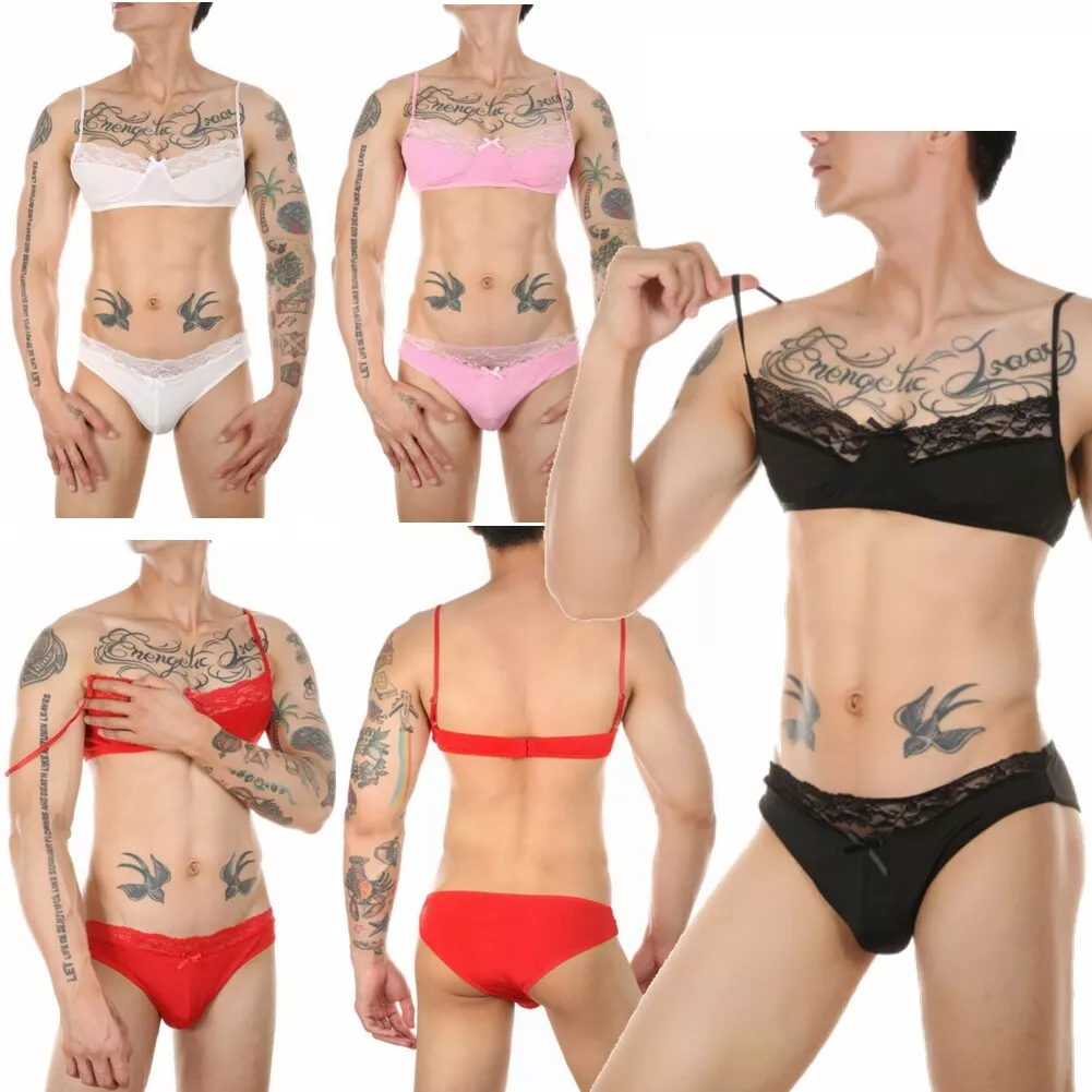 Soutien gorge sangle spaghetti homme adulte garniture dentelle avec slips sous