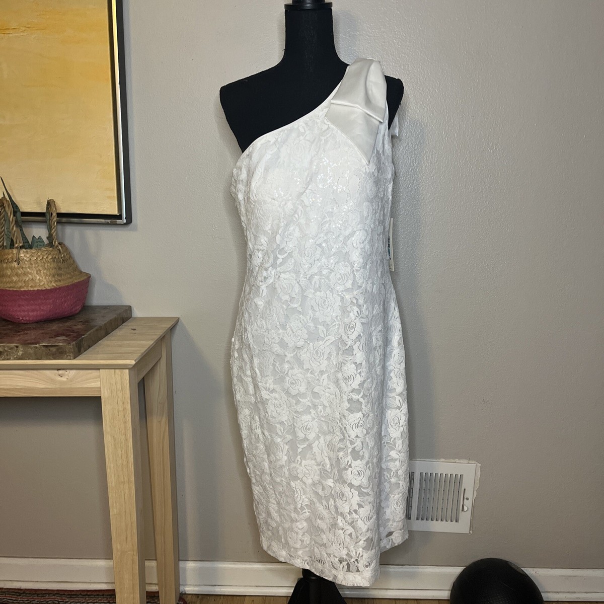 Eliza J Women's Sequin One Shoulder Bow White Lined Dress 16 NWT | eBay