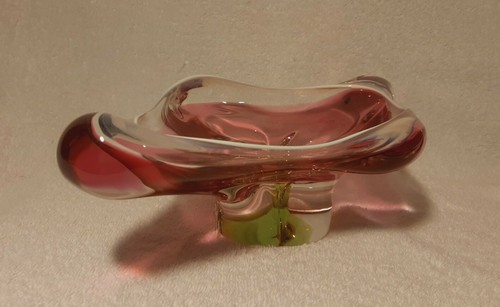 Josef Hospodka CHRIBSKA heavy Czech art glass bowl dish ashtray pink green white - Picture 6 of 12