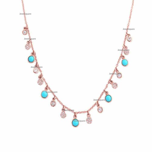 14k Yellow Gold Turquoise Disc Diamond Station Pendant Chain Necklace Jewelry - Picture 2 of 2
