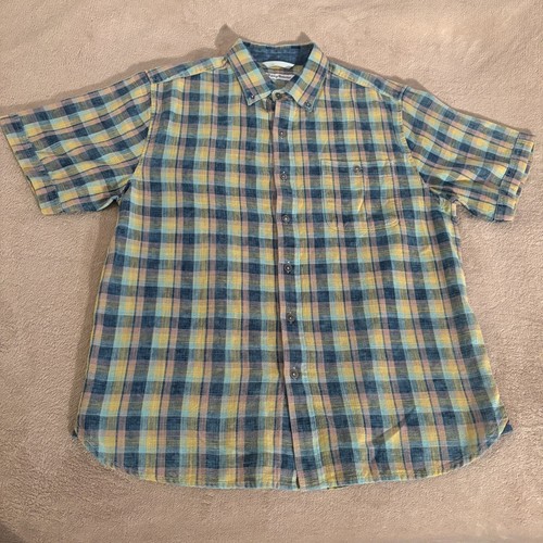 Tommy Bahama Shirt Mens Medium Yellow Plaid Button Down Short Sleeve Seersucker