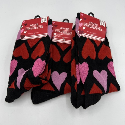 Greenbrier Ladies Heart Design Crew Socks Size 5-9 Black W/ Red Pink 3 Pairs - Picture 2 of 7