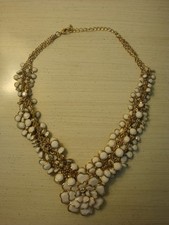 White Enamel Flower Necklace with Gold-Tone Accents, 21"