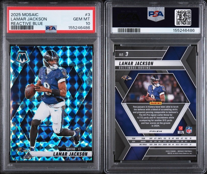 2025Panini Mosaic Lamar Jackson Reactive Blue PSA 10!! POP 1!!