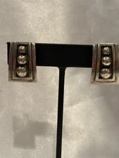 RM MEXICO 925 Sterling Silver Vintage Carved Rectangular Beaded Earrings