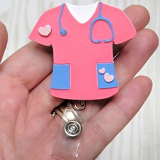 Cute Nurse Scrub Badge Reel Retractable ID Holder Pink Medical Clip