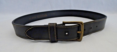 Bosca Mens Belt 03752 Size 34 Black Leather Brass Buckle Adjustable Stitched EUC