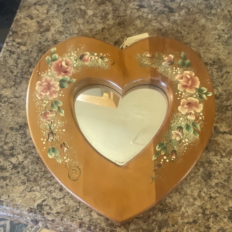 Heart Shaped Floral Wood Framed Accent Mirror Vintage Wall Decor Brown Pink