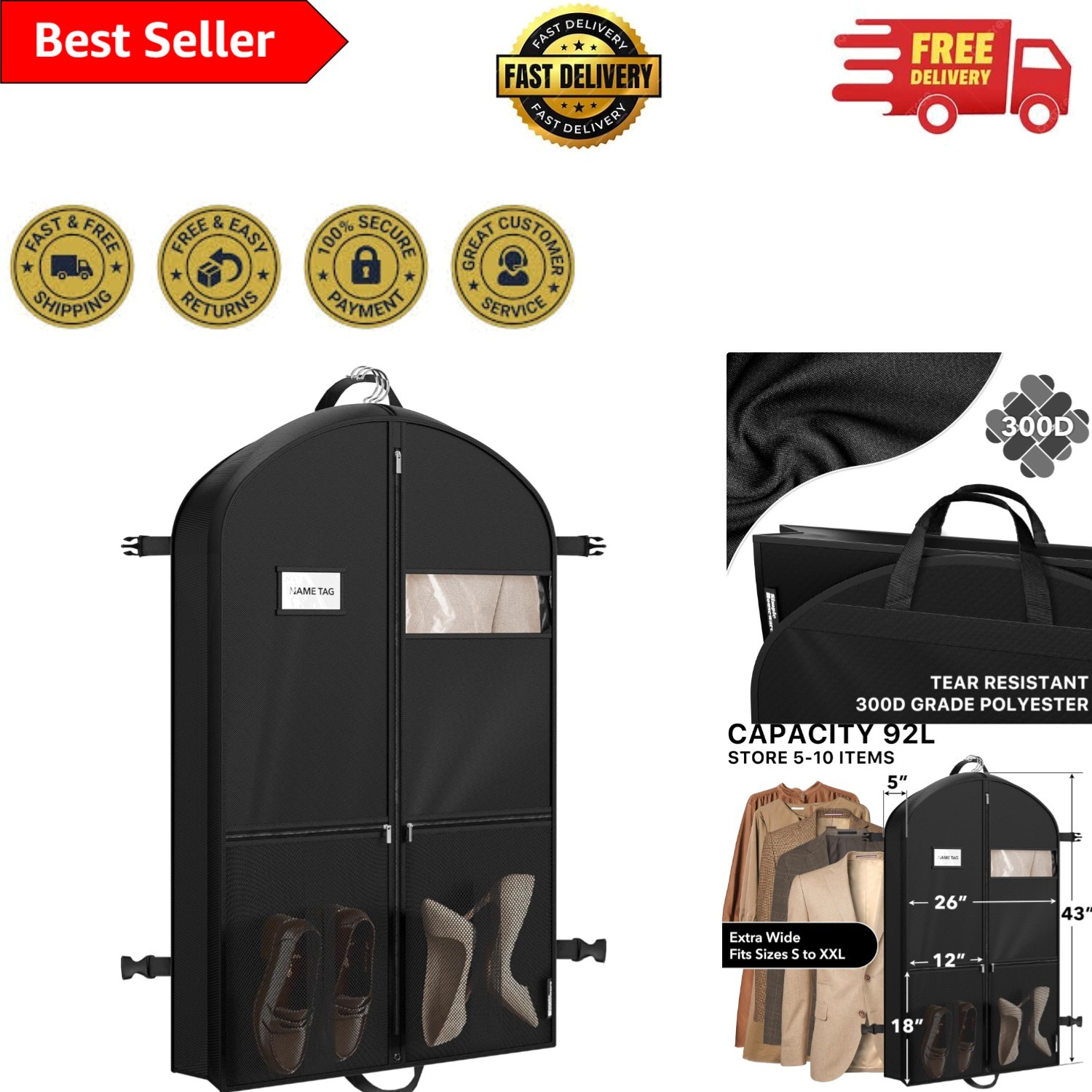 Versatile 43-Inch Black Garment Bag - Suitable for Winter Co