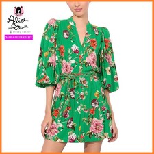 Alice + Olivia Antonette Floral Green Multi Long Sleeve Blouson Mini Dress Sz 10