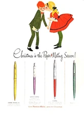 1963 PAPER MATE PENS Vintage Print Ad Ballpoint Ink Gift Girl Kissing Boy