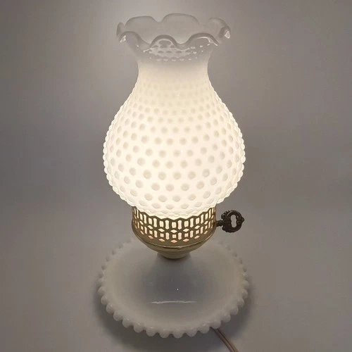 Vintage MCM Hobnail Waffle Milk Glass Lamp Table Boudoir Hurricane Cottagecore