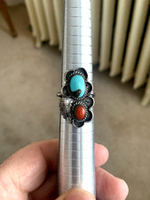 Vintage Navajo Sterling Silver Turquoise Coral Ring Size 8 1/2