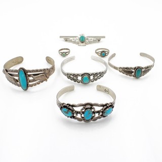 Southwest Sterling Turquoise Fred Harvey Bracelet Brooch Ring Lot of 7 #S5470 5
