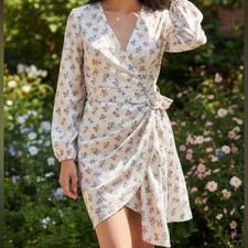 Wayf Cream Floral Long Sleeve Wrap Dress