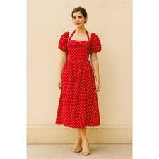 VINTAGE red  white polka dot pinup fit and flare retro midi dress fits size 4