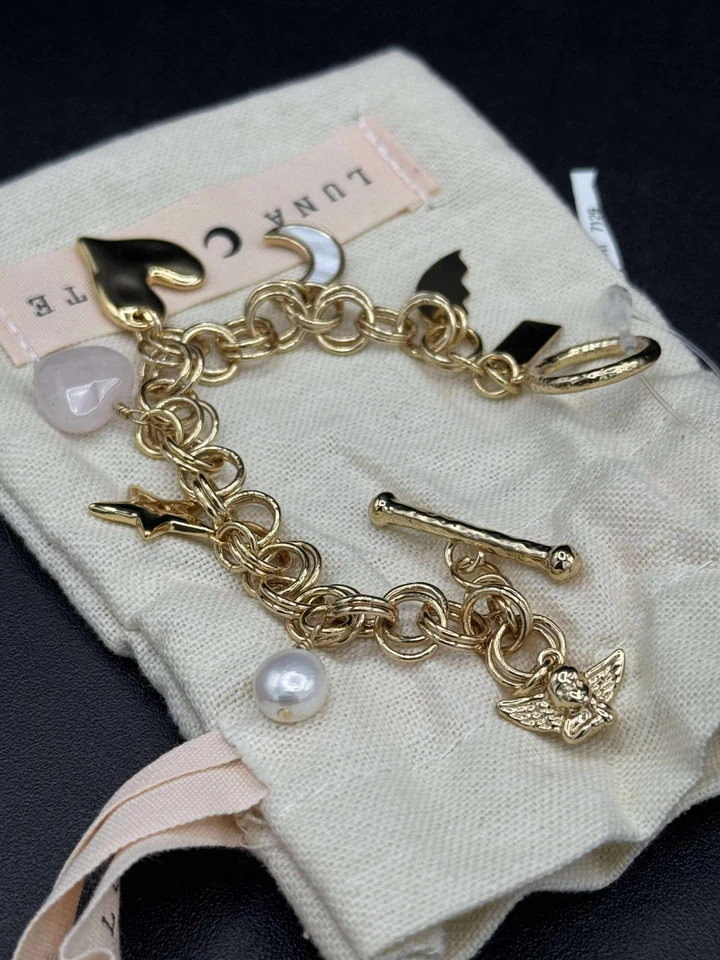 Luna Norte Gold Tone Genuine Multi Stone Charm Bracelet Toggle Clasp 6.5” NWT - Image 2 of 3