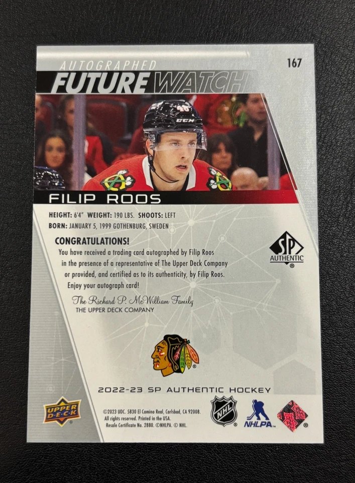 2022-23 UD SP Authentic #167 Filip Roos Future Watch Auto /999 - Image 2 of 2