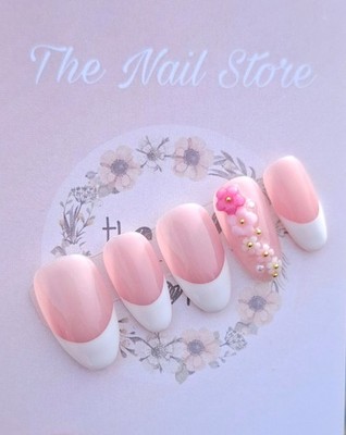 Classic Pink White French Tip Nails with 3D flowers / Press On Nails / Frenchies