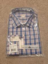 Peter Millar Men  s Beacon Regular Fit Blue Plaid Button Down Sport Shirt Size XL