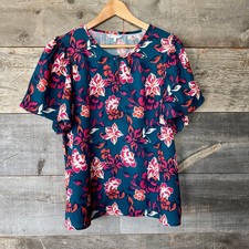 Southern Tide Tinsley Aster Bouquet Top XL Teal Floral Puff Sleeve Feminine Vaca