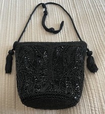 Accessory Lady Vintage Small Handbag Black Evening Bag with Rhinestones EUC