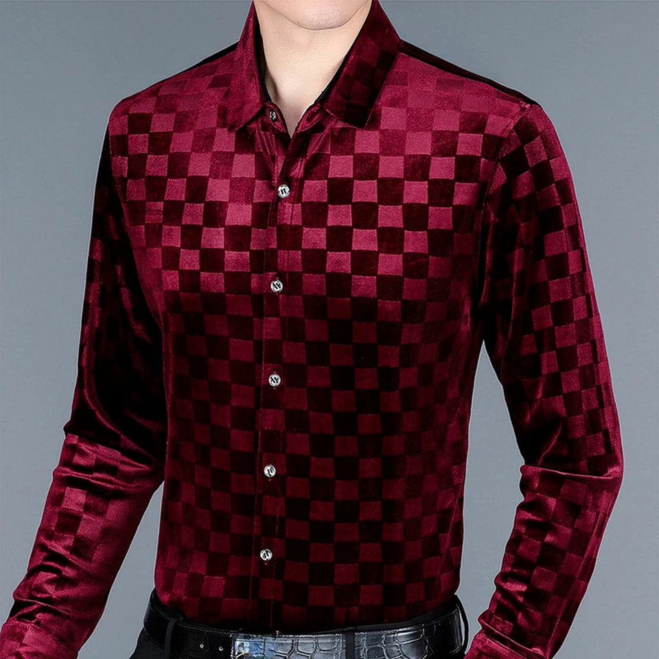 Men Check Plaid Velvet Blouse Top Long Sleeve Shirt Casual Formal Business Work - Image 4 of 4