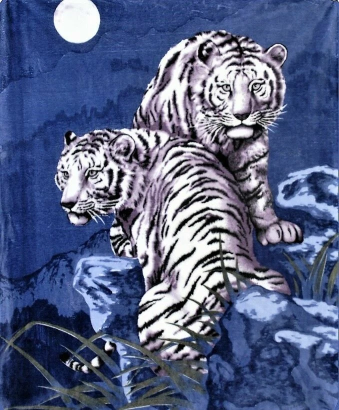 REGAL COMFORT Queen Size White Tigers Blue Luxury Mink Faux Fur Blanket Super Soft Plush Warm