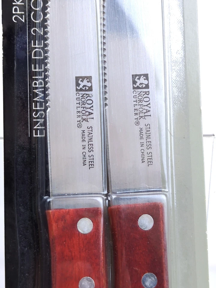 JUEGO DE CUCHILLOS PARA CARNE ROYAL NORFOLK 2pk, hoja de acero inoxidable mango de madera, ¡nuevo IOP! Foto 3 de 4