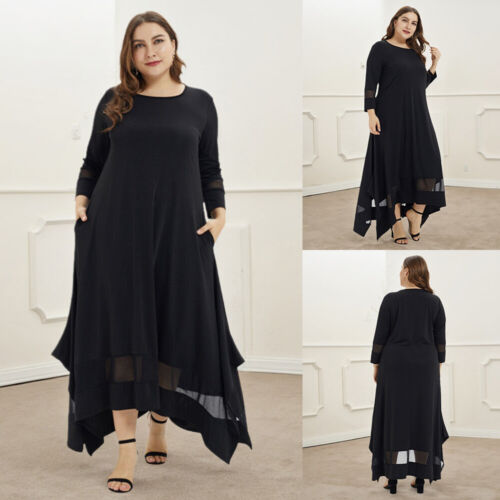 Plus Size Womens Round Neck 3/4 Sleeve Pullover Solid Maxi Long Dress Party Gown
