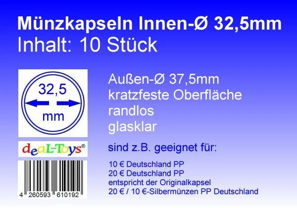 DEAL-TOYS® 10 Münzkapseln 32,5mm randlos geeignet für 10 € PP / 20 € PP Deutschland