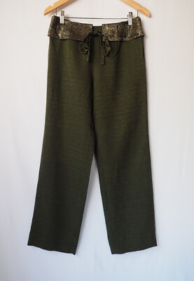 Due Per Due 100% Silk Emerald City Pants Belted Forest Green Gold 4 $118
