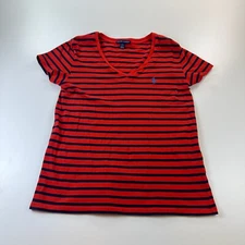 Ralph Lauren Shirt Womens Medium Red Striped V Neck Cotton Preppy Casual