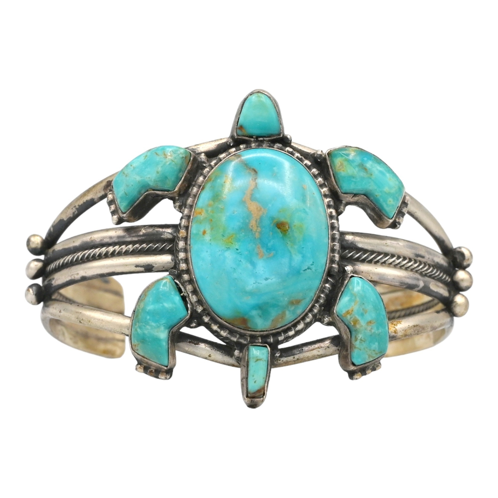 VINTAGE RUNNING BEAR TRADING GALLUP TURQUOISE TURTLE CUFF STERLING