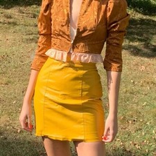 Vintage 1980's High Waist Mustard Yellow Leather Skirt Small
