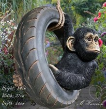 Chimpanzee on tyre rope swing tree garden ornament decoration monkey lover gift