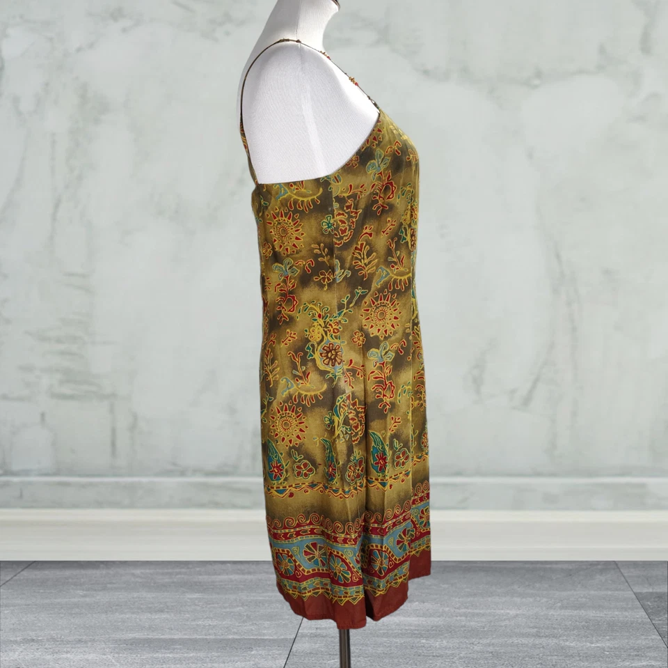 Винтажный 90-х мини сарафан размер M бисером ремни зеленый пейсли границы печати  - Изображение 4 из 4
