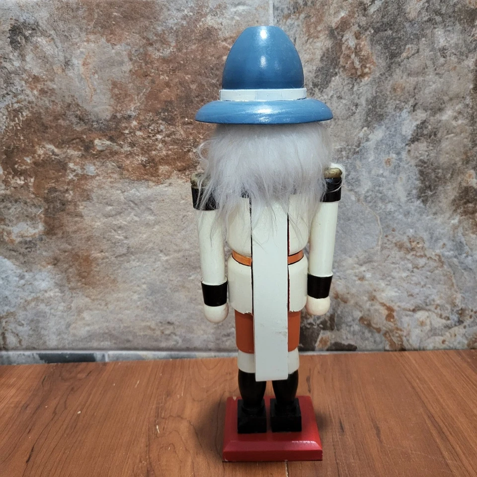 Vintage Nutcracker Wood Soldier Blue Hat Tan Red Pom Pom Wooden Christmas 14" - Image 2 of 4
