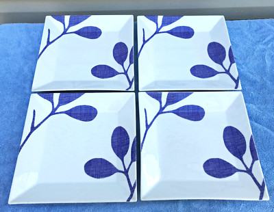 The Cellar Whiteware For Macy's - Blue Indigo Leaf Motive -Set of 4 Plates