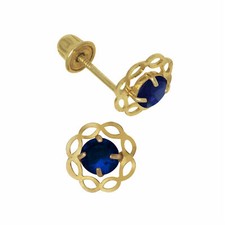Baby Girl Blue Sapphire Birthstone Stud Earrings Screw Back 14K Yellow Gold