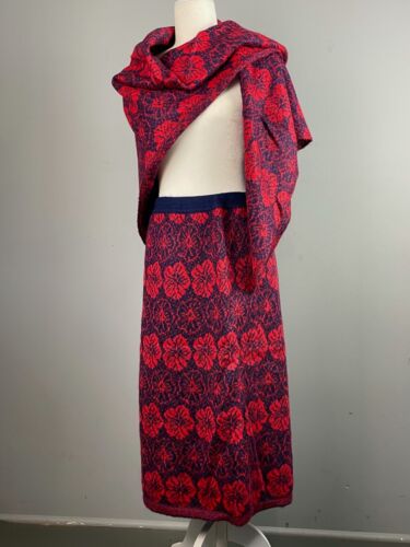 Vintage Mohair Benetton Scarf & Skirt Set Blue & Red Winter Petunia * M/L - Afbeelding 1 van 7