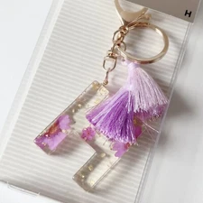 "H" Monogram Keychain With Purple Tassels Flowers By Modern Expressions New
