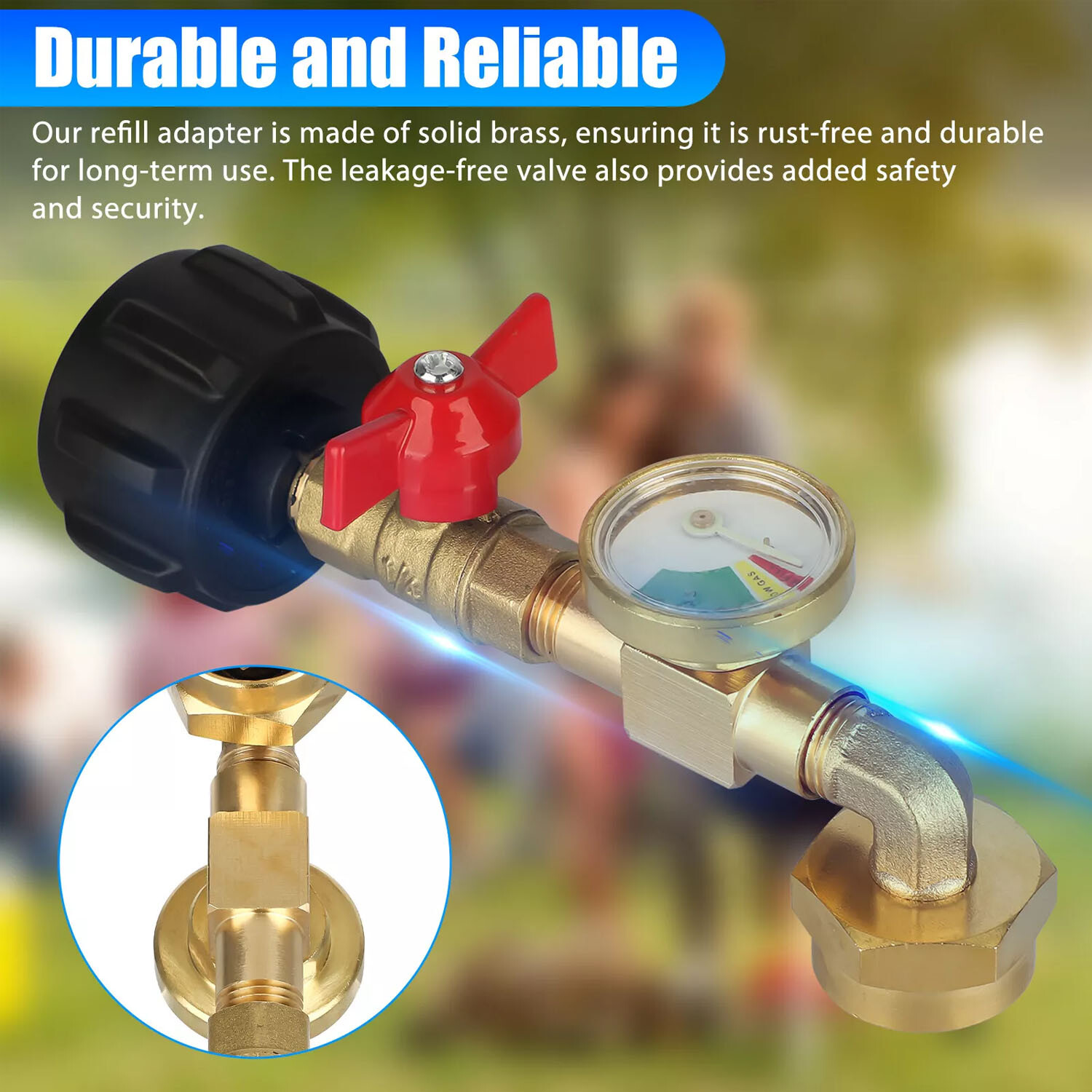 Propane Refill Adapter with Valve and Gauge Fill 1 Lb Bottle From 20 Lb Tank 90&deg;