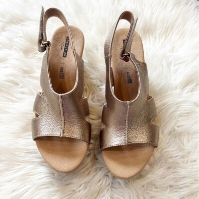 Clarks Collection Gold Metallic Annadel Bari Cork Wedge Sandals