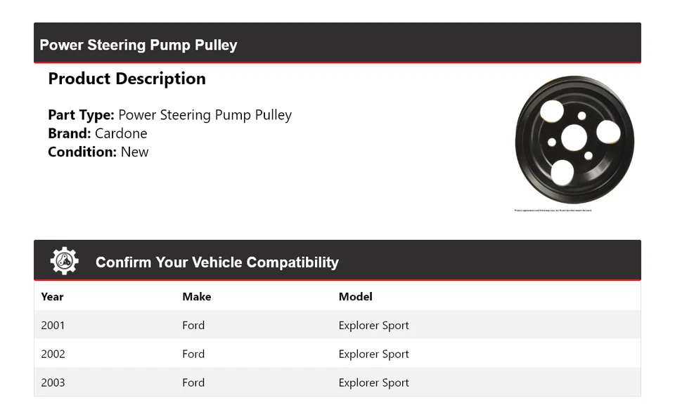 For 2001-2003 Ford Explorer Sport Power Steering Pump Pulley Cardone 2002 - Image 2 of 4
