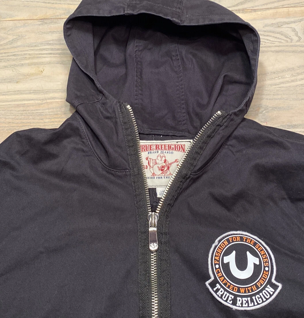 True Religion Black Patch Crest 1 4 Zip Hooded Canvas Anorak Jacket Mens L