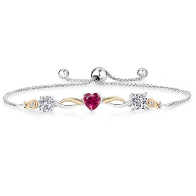 925 Silver and 10K Yellow Gold Created Ruby and Lab Grown Diamond Bracelet For