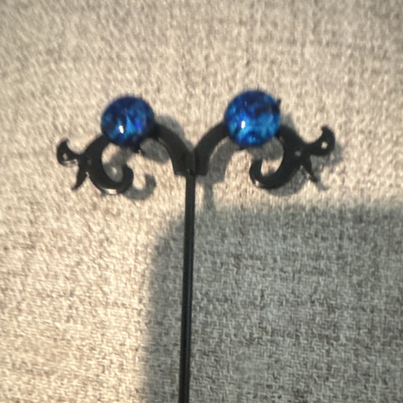 Dichroic Glass Stud Earrings Blue Round Crystal Stones Butterfly Back Pair