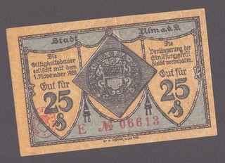 Ulm a.d.D. Stadt; 25 Pfg. vom 22.10.1918; Buchstabe „E" nicht entwertet