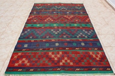 TURKISH KILIM RUG 5x8, GEOMETRIC STRIPED KILIM RUG 62''x96'', BLUE RED KELIM 5x8
